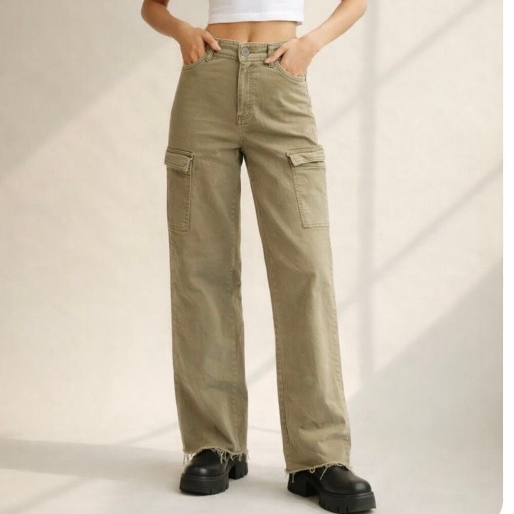 Oat New York Cargo Denim Pants In Sage Green With Raw Hem Size 2/26